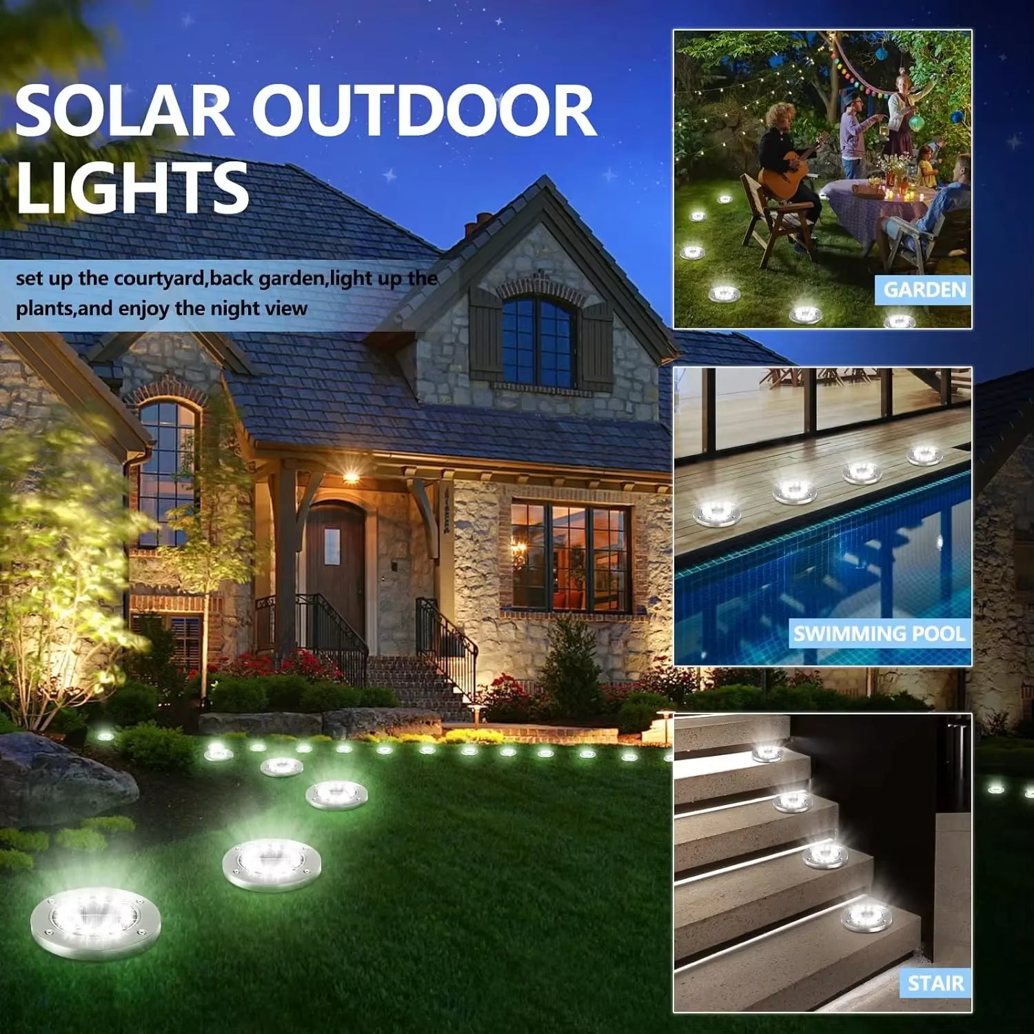 Luces Solares de Jardín para Exteriores, 12 LED – Decorativas, Impermeables, Tipo Disco, para Patio, Caminos, Césped y Senderos