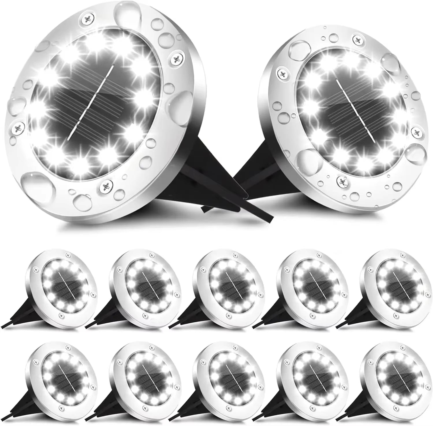 Luces Solares de Jardín para Exteriores, 12 LED – Decorativas, Impermeables, Tipo Disco, para Patio, Caminos, Césped y Senderos