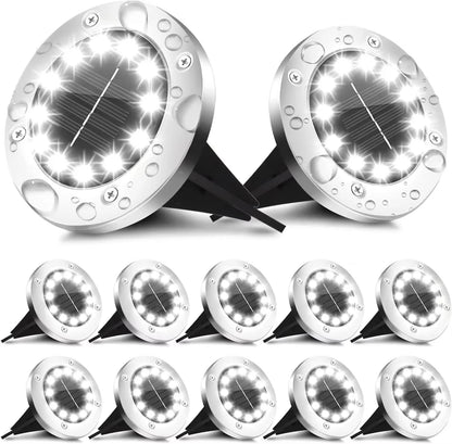 Luces Solares de Jardín para Exteriores, 12 LED – Decorativas, Impermeables, Tipo Disco, para Patio, Caminos, Césped y Senderos