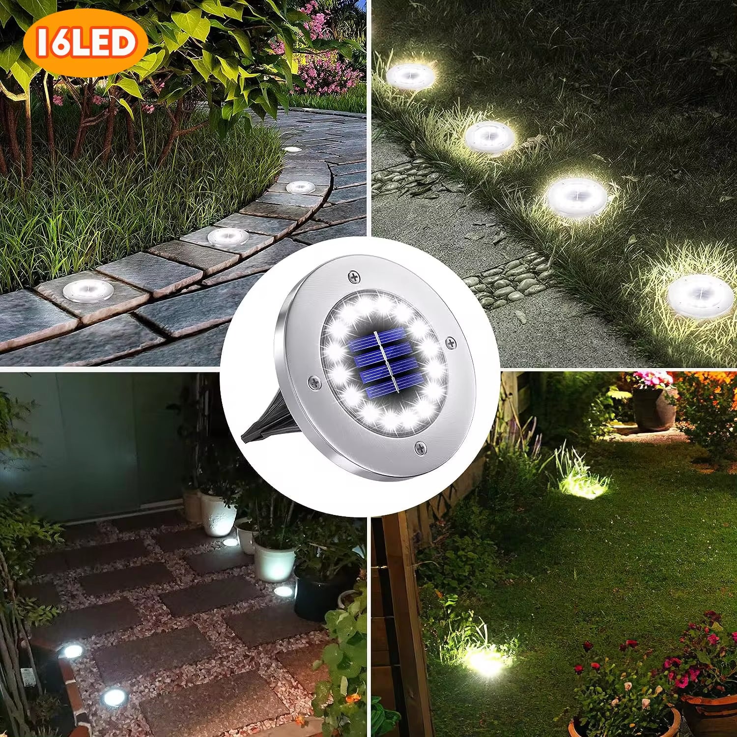 Luces Solares de Jardín para Exteriores, 12 LED – Decorativas, Impermeables, Tipo Disco, para Patio, Caminos, Césped y Senderos