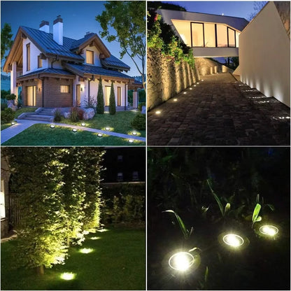 Luces Solares de Jardín para Exteriores, 12 LED – Decorativas, Impermeables, Tipo Disco, para Patio, Caminos, Césped y Senderos
