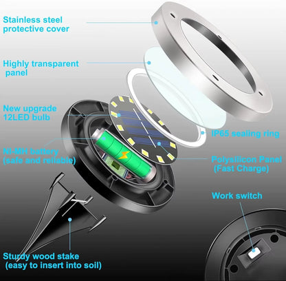 Luces Solares de Jardín para Exteriores, 12 LED – Decorativas, Impermeables, Tipo Disco, para Patio, Caminos, Césped y Senderos