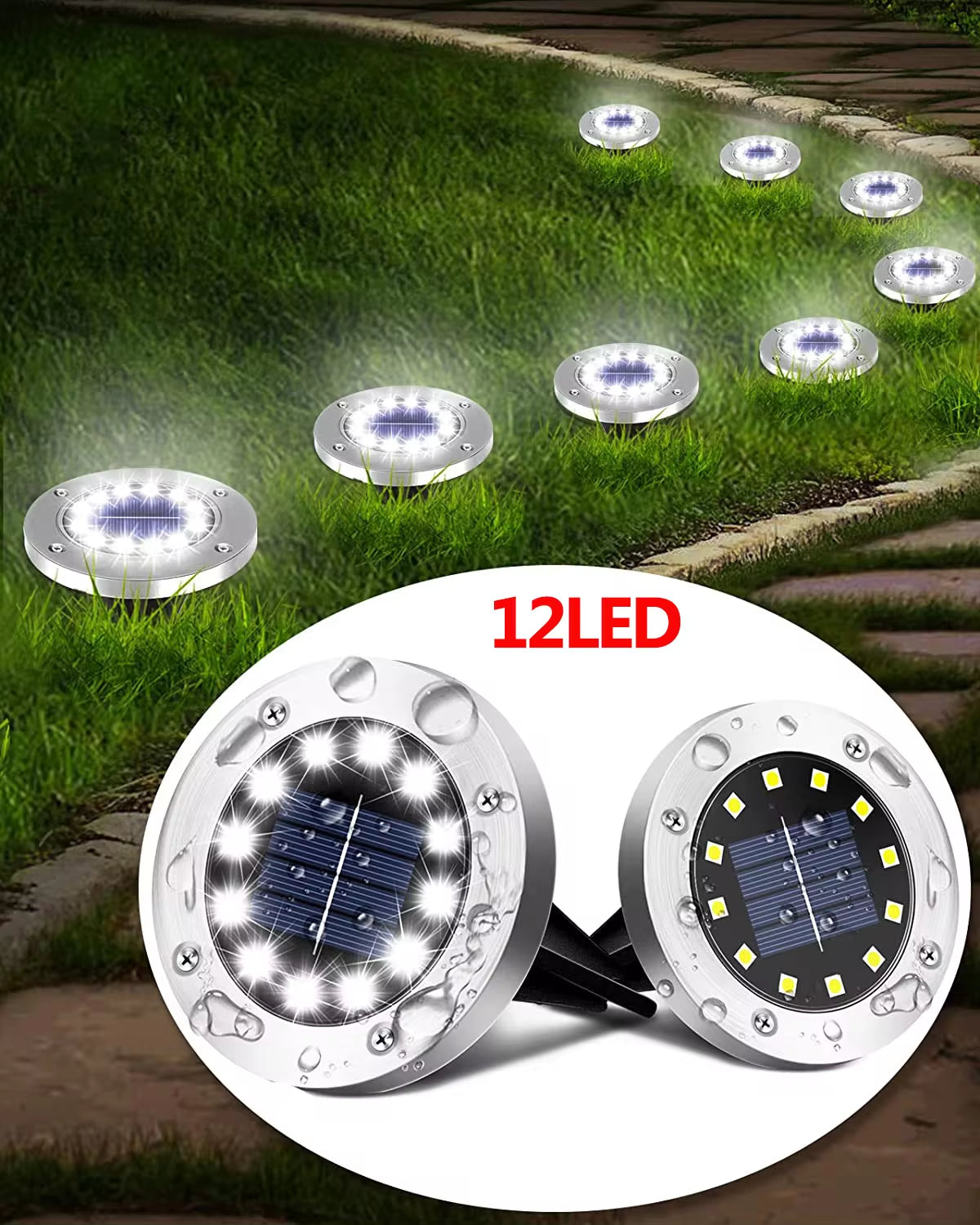 Luces Solares de Jardín para Exteriores, 12 LED – Decorativas, Impermeables, Tipo Disco, para Patio, Caminos, Césped y Senderos