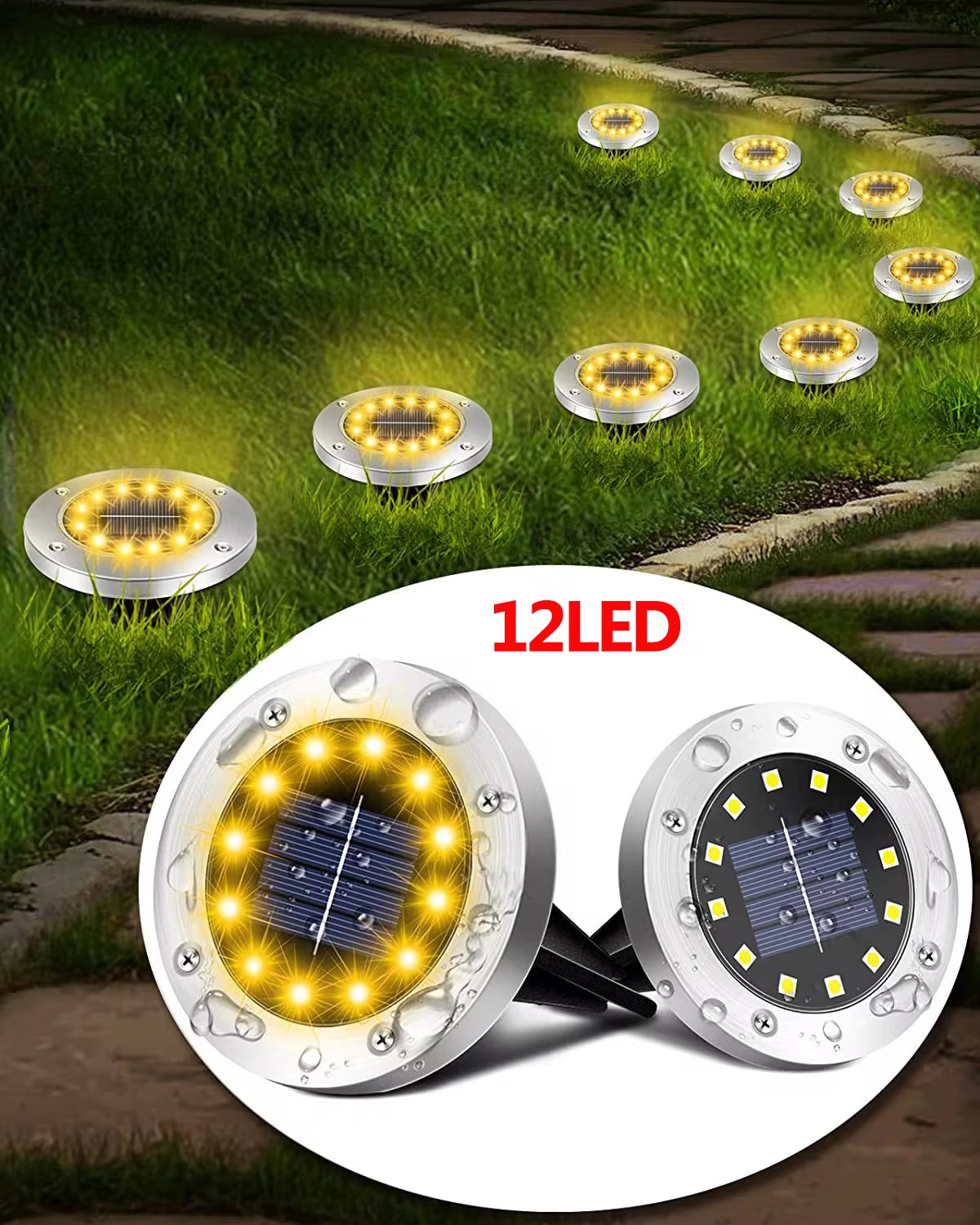 Luces Solares de Jardín para Exteriores, 12 LED – Decorativas, Impermeables, Tipo Disco, para Patio, Caminos, Césped y Senderos