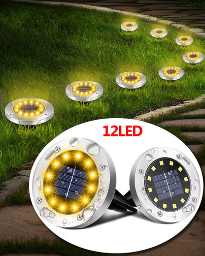 Luces Solares de Jardín para Exteriores, 12 LED – Decorativas, Impermeables, Tipo Disco, para Patio, Caminos, Césped y Senderos