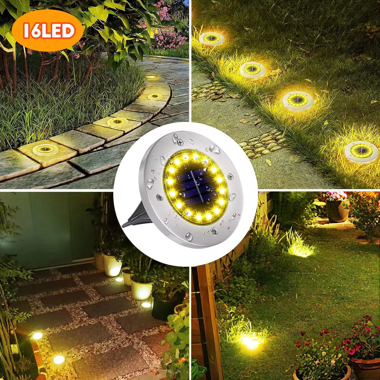Luces Solares de Jardín para Exteriores, 12 LED – Decorativas, Impermeables, Tipo Disco, para Patio, Caminos, Césped y Senderos