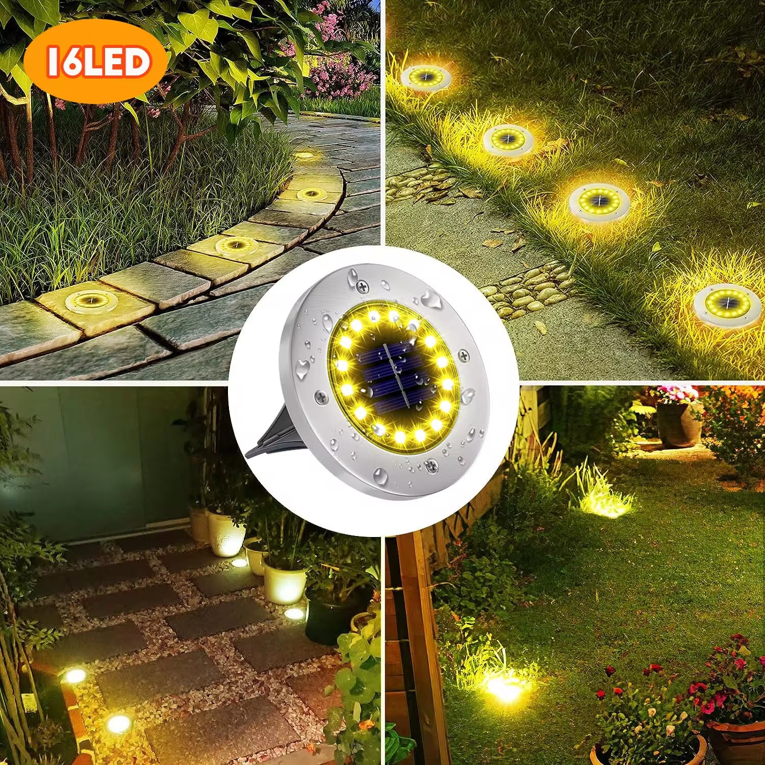 Luces Solares de Jardín para Exteriores, 12 LED – Decorativas, Impermeables, Tipo Disco, para Patio, Caminos, Césped y Senderos