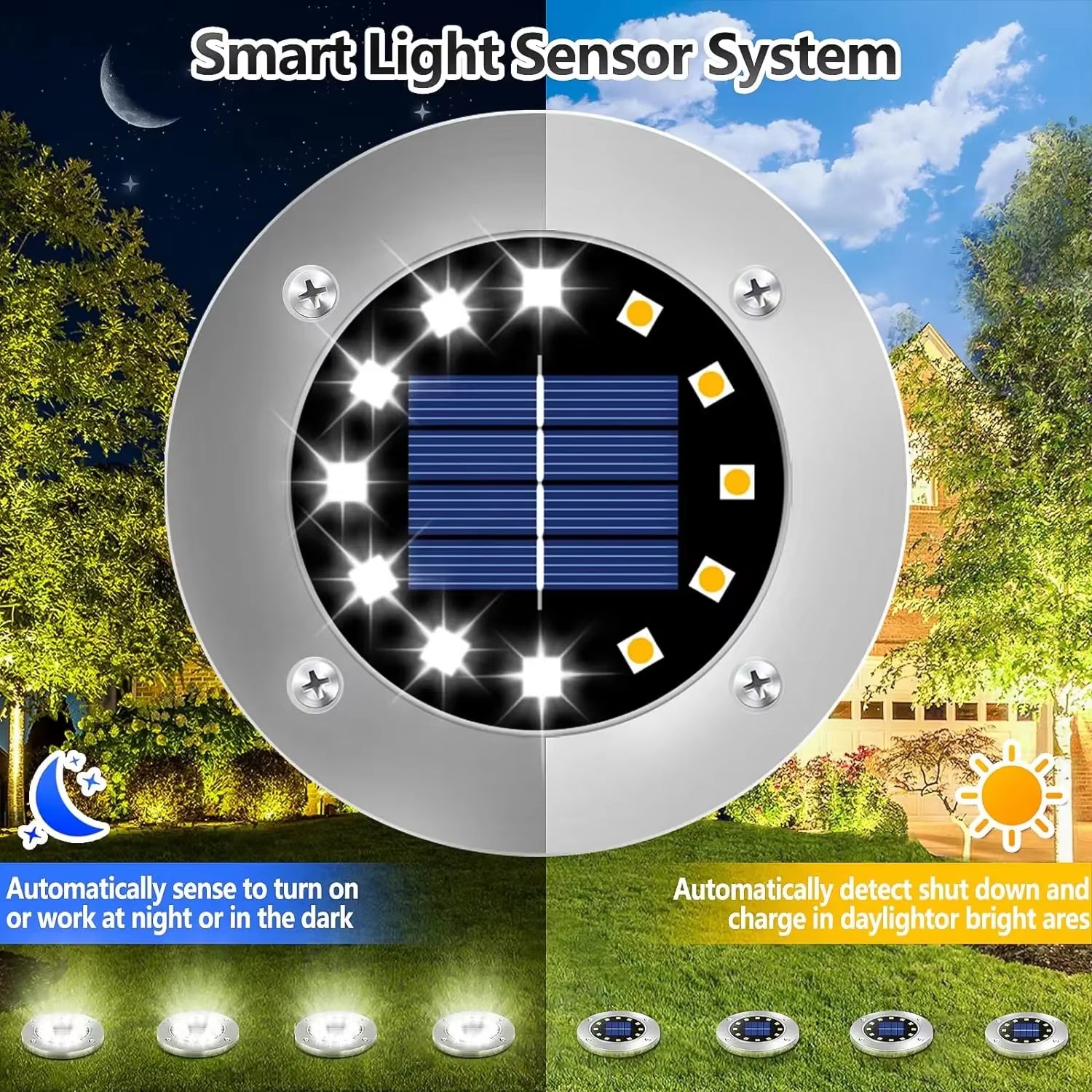 Luces Solares de Jardín para Exteriores, 12 LED – Decorativas, Impermeables, Tipo Disco, para Patio, Caminos, Césped y Senderos